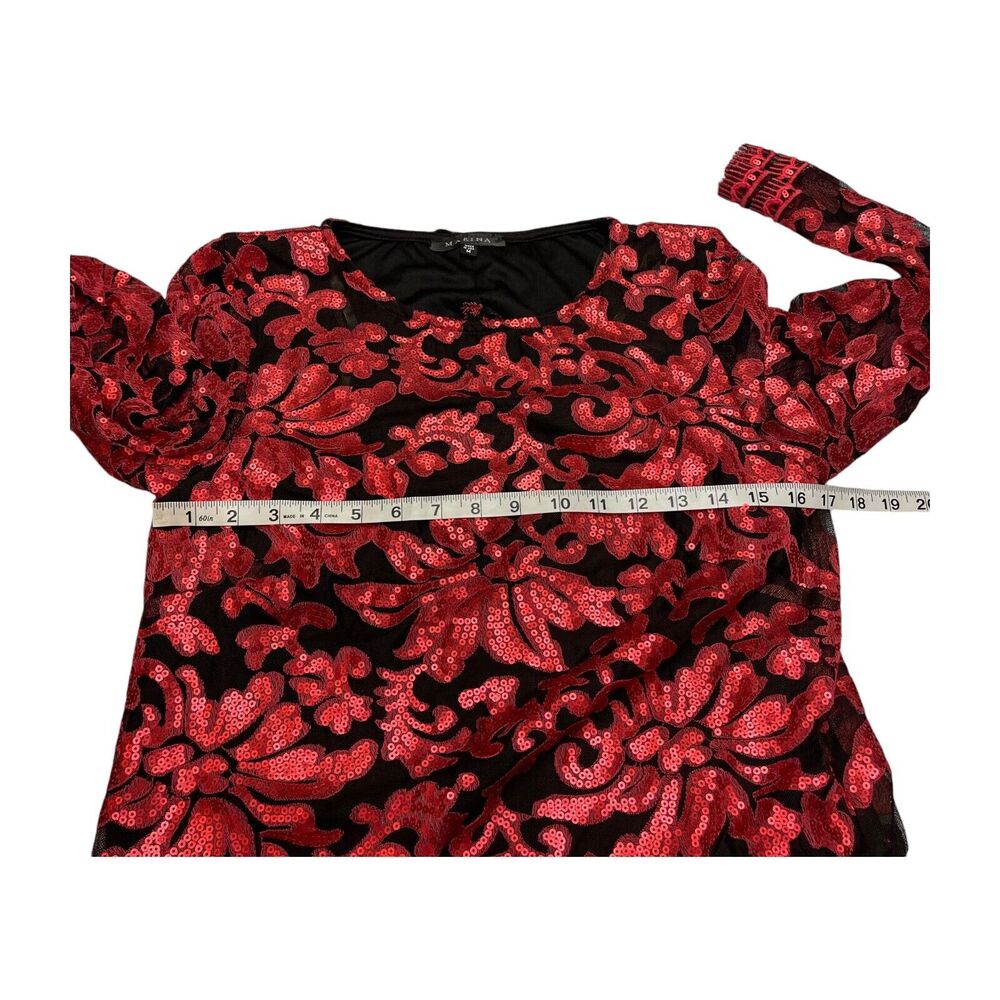 Marina Red Sequin Floral Mesh Long Sleeve Cropped Top Womens Medium - Picture 6 of 9